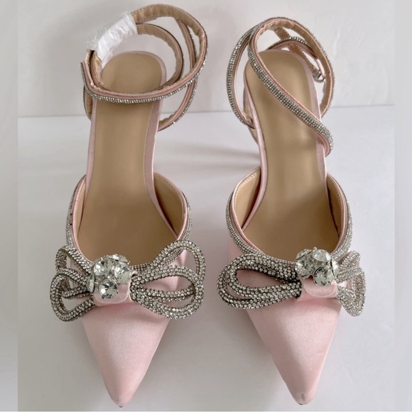 Women’s Diamanté Bow Pionted Toe Santin Dress Sandal Heels Shoes Size 5.5 New - Picture 7 of 12